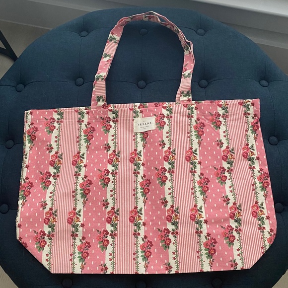 Sézane Linen Canvas Tote - Pink Floral Stripe - Brand New - Picture 1 of 2